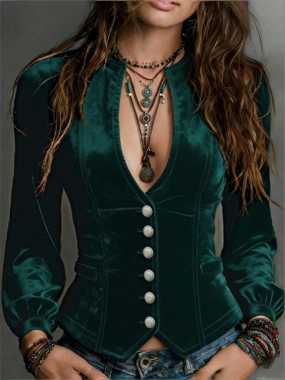 Green Elegant Women's Velvet V-Neck Long Sleeve Single-Breasted Waist Blouses
